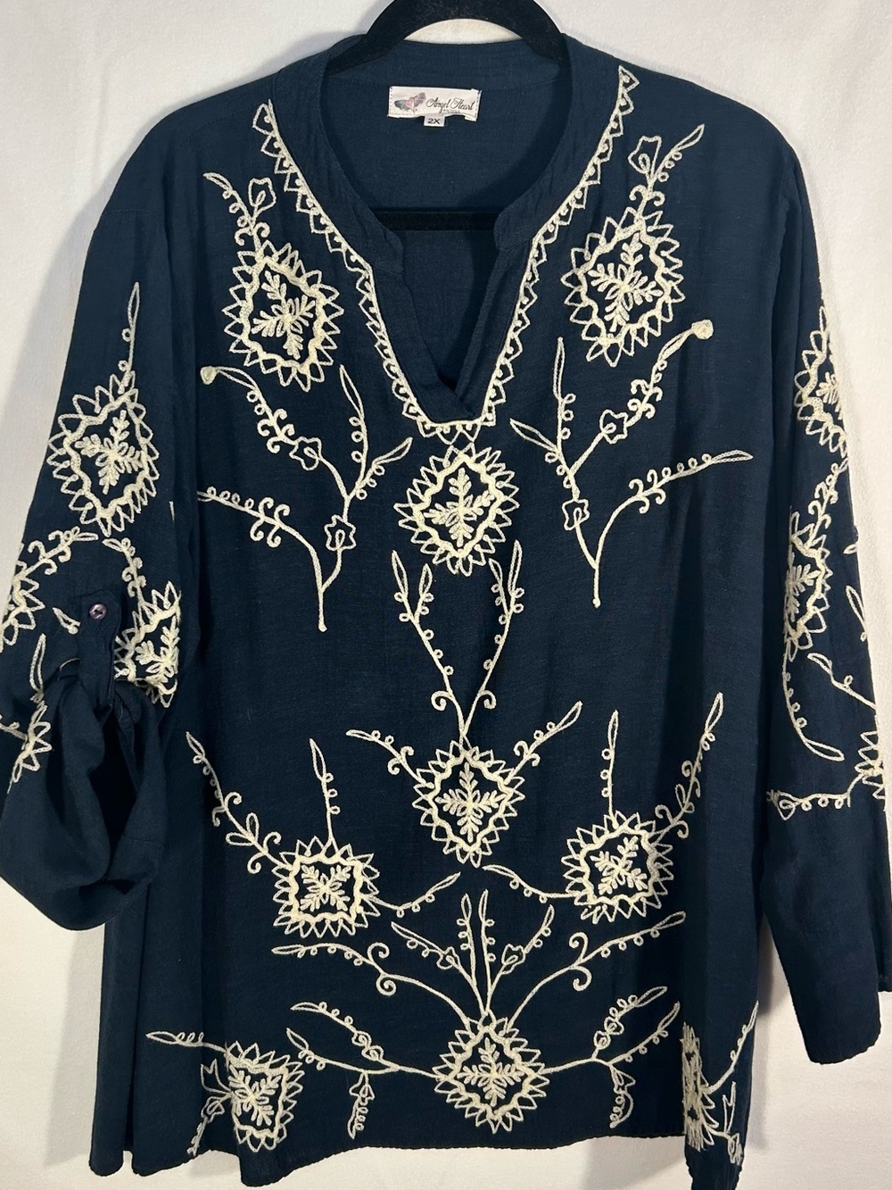 Navy Embroidered V-Neck Tunic Top - Cheryl & Co.